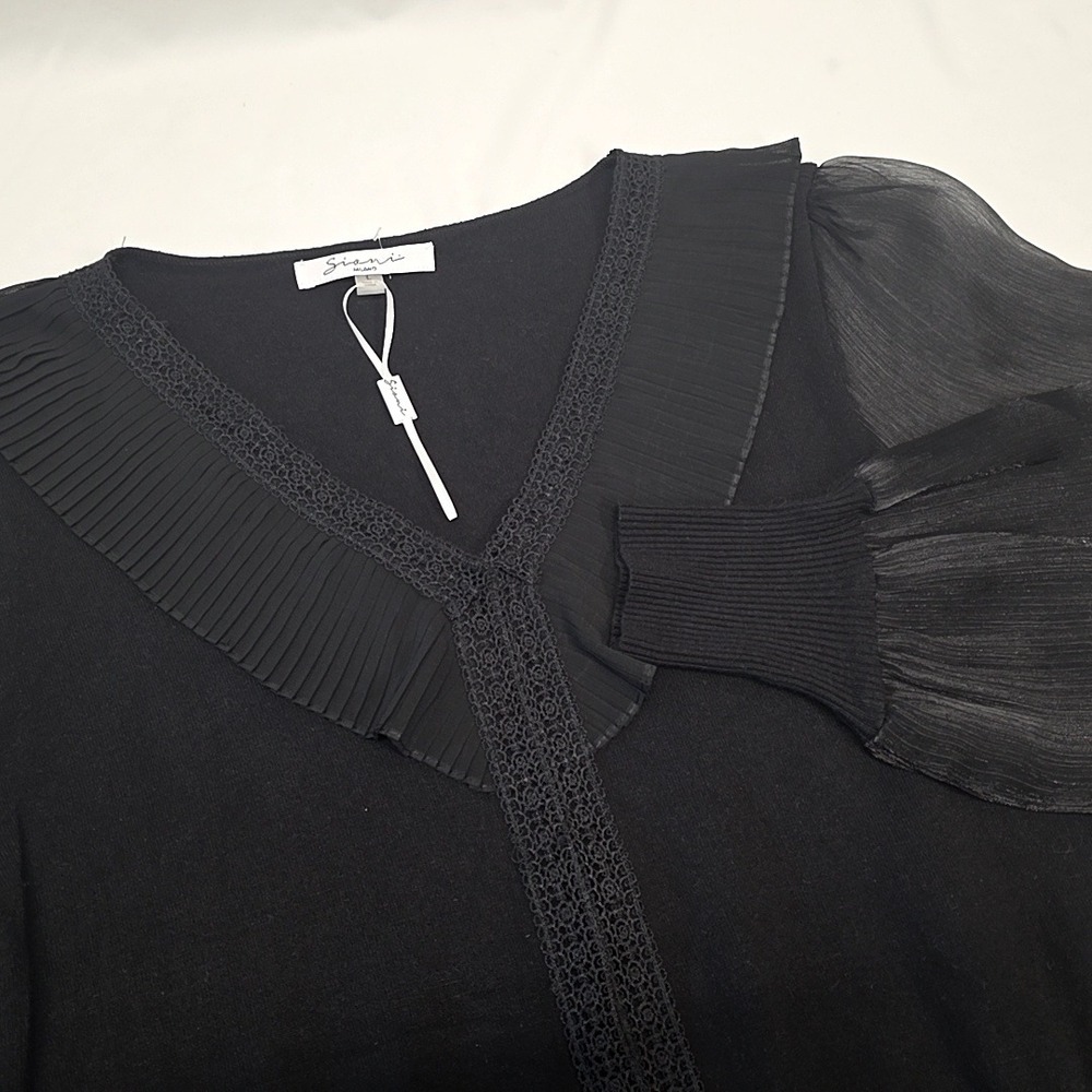 Siani Milano Sweater Women L Black Sheer Pleated Sleeve Lace V-Neck Pullover